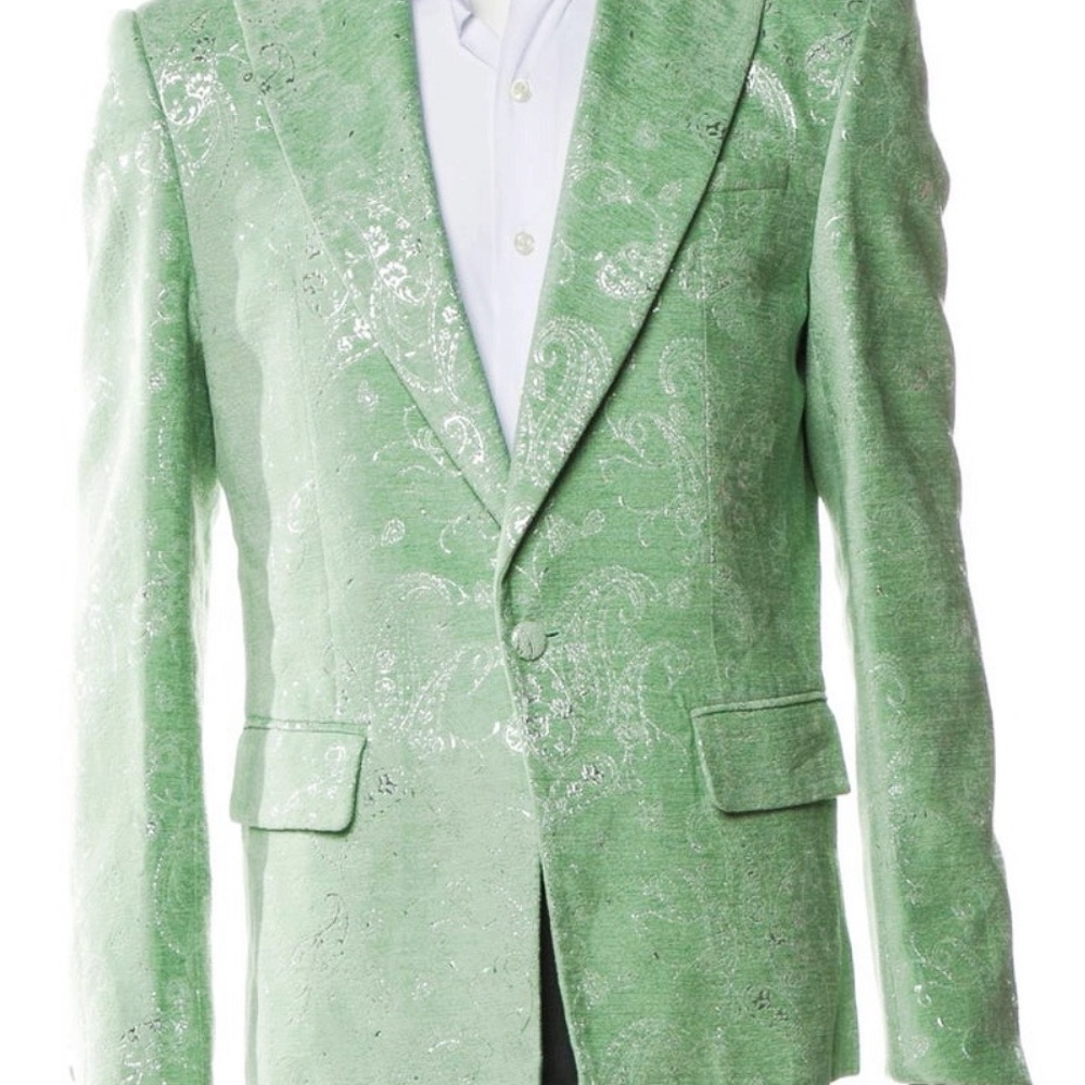 AMIRI PALE LIME SINGLE-BREASTED VELVET JACQUARD PAISLEY LUREX TUXEDO JACKET